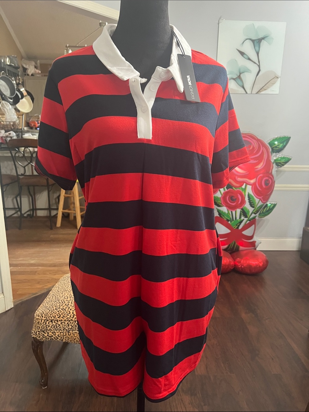 Red and Black Striped Polo style rompers with White Collar